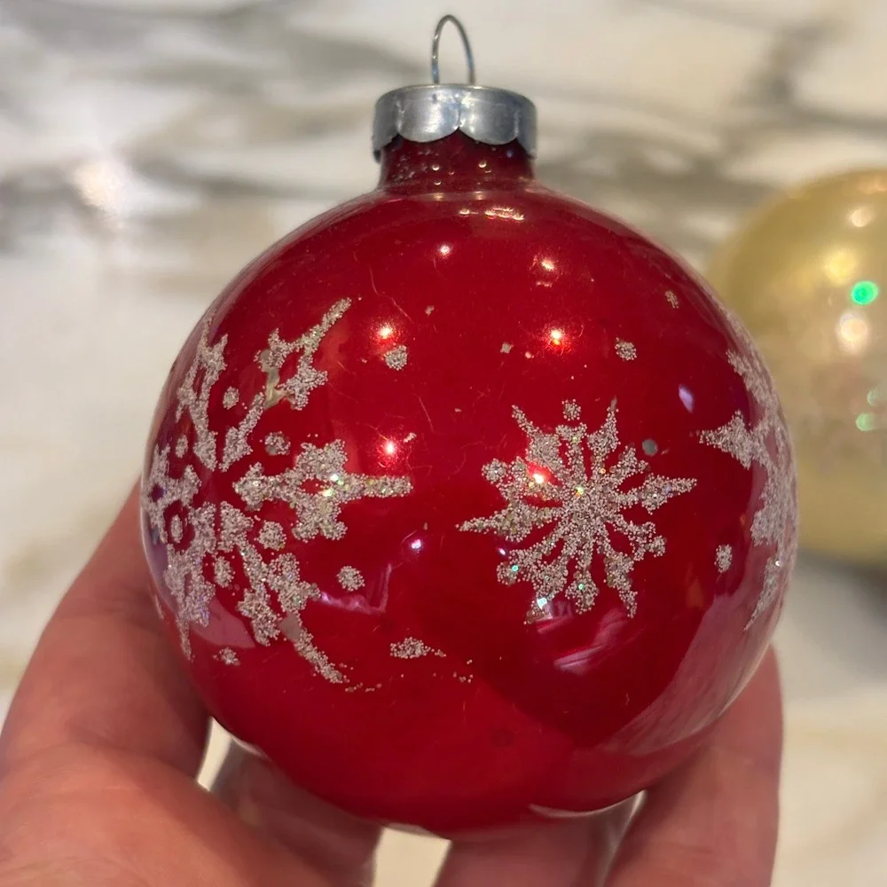 Vintage Glass Ball Ornaments Set of 4 Multicolor Snowflake Glitter MCM 2.5